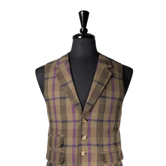Mens 42R Wool Vest Brown Purple Plaid Waistcoat Formal Wedding Preppy Casual - Picture 4 of 10